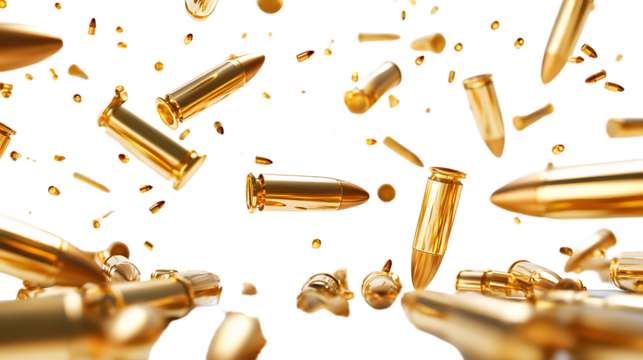 A Dynamic Burst of Golden Bullets in Motion with a Striking Black Background