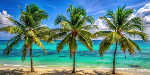 Fototapeta premium Palm trees gently swaying in the warm breeze with turquoise water lapping at their bases
