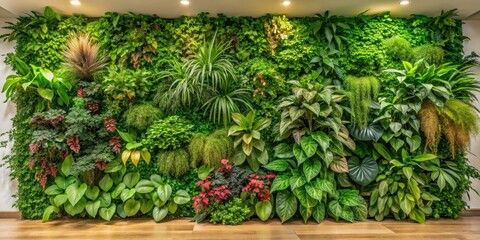 Fototapeta premium Living green wall with lush plants and vibrant foliage against a neutral background