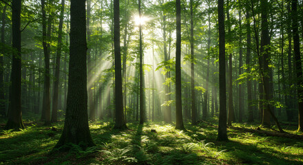 Naklejka premium Sun rays through trees in a green forest nature scene with light and shadows for an outdoor adventure