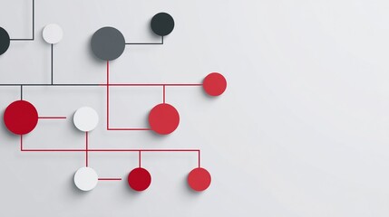 Abstract graphic design with interconnected red, gray, and white circles on a light gray background, showcasing network connectivity and data flow, ideal for technology or business presentations