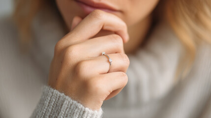 Close up of woman wearing delicate ring her finger, with her hand gently resting near her lips, conveying elegance