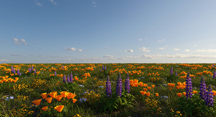 Scenic california poppy field landscape under a bright blue sky with scattered clouds outdoors view