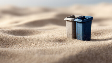 Detailed shot of trash and recycling bins sand beach, emphasizing waste separation and environmental awareness, with calm