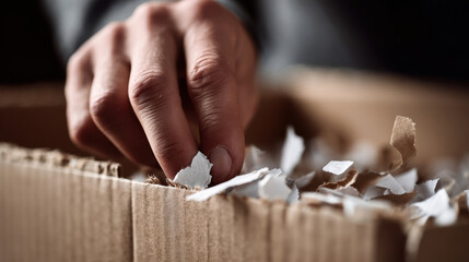 Hand tearing labels off cardboard packaging for recycling close up of fingers removing paper from cardboard box eco friendly