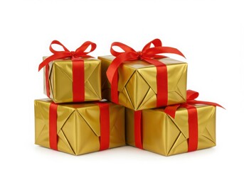 Obraz premium A stack of gold wrapped gifts with red ribbons on a white background