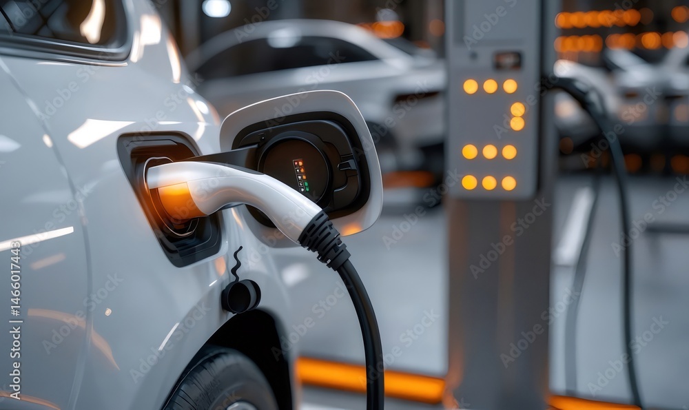 Aufkleber シルバー電気自動車が現代的な都市環境で充電ステーションに接続されている様子を捉えたクローズアップショット