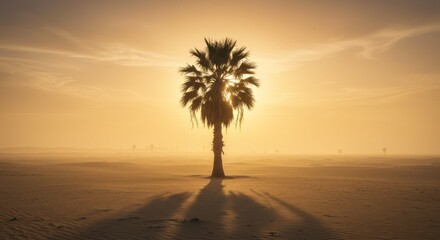 Silhouette of a Palm Tree at Sunset in a Hazy Desert
