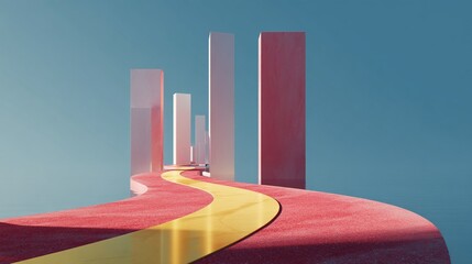 Abstract image of yellow path winding between red and white geometric shapes, reflecting on calm water, suggesting journey or progress