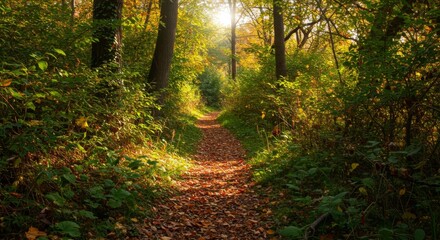 Obraz premium Sunlit Autumn Path Through a Forest