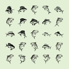 dolphin (mahi-mahi fish) fish design, labeled line and fill art vector silhouette illustration.