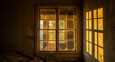 Old wooden window, view from inside an old abandoned house
