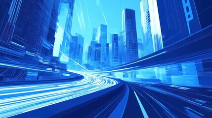 Futuristic city highway with glowing blue structures and motion blur.  Detailed 3D cityscape, with elevated roadways and illuminated lanes