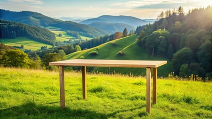 Fototapeta premium Minimalist wooden table with simple legs, surrounded by nature, on a green hillside
