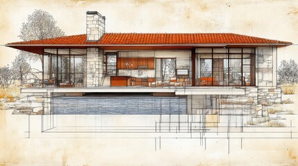 Elegant modern villa design illustration with swimming pool and 