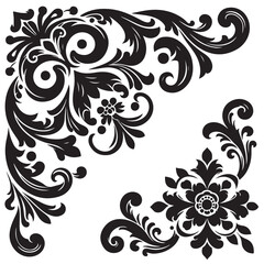 Elegant Black Floral Corner Ornament Vector Design with Vintage Swirl Patterns &ndash; Decorative Botanical Frame Element for Invitations, Tattoos, and Graphic Projects.