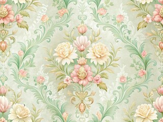 Elegant Damask Floral Seamless Pattern, Minimalist Botanical Wallpaper,  Subtle Flower Design,  Repetitive Floral Textile Print