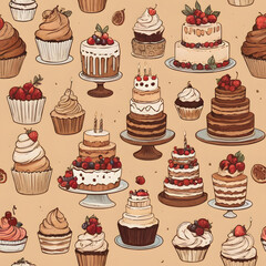 Delicious Cakes and Cupcakes Seamless Pattern Festive Bakery Background with Sweet Treats