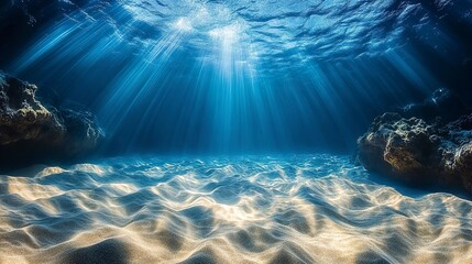 Deep blue underwater scene with sunlight rays and rippled sandy ocean floor 