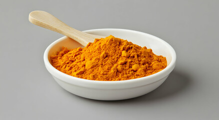 Turmeric powder in white bowl with wooden spoon