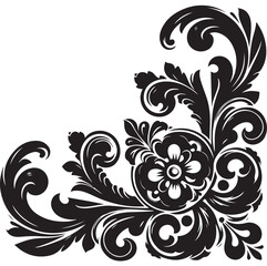 Elegant Black Floral Corner Ornament Vector Design with Vintage Swirl Patterns – Decorative Botanical Frame Element for Invitations, Tattoos, and Graphic Projects.