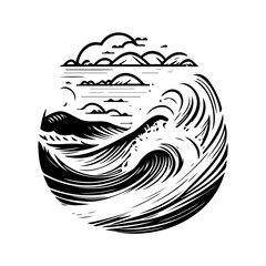 Monochromatic depiction of dynamic ocean waves meeting a distant shoreline