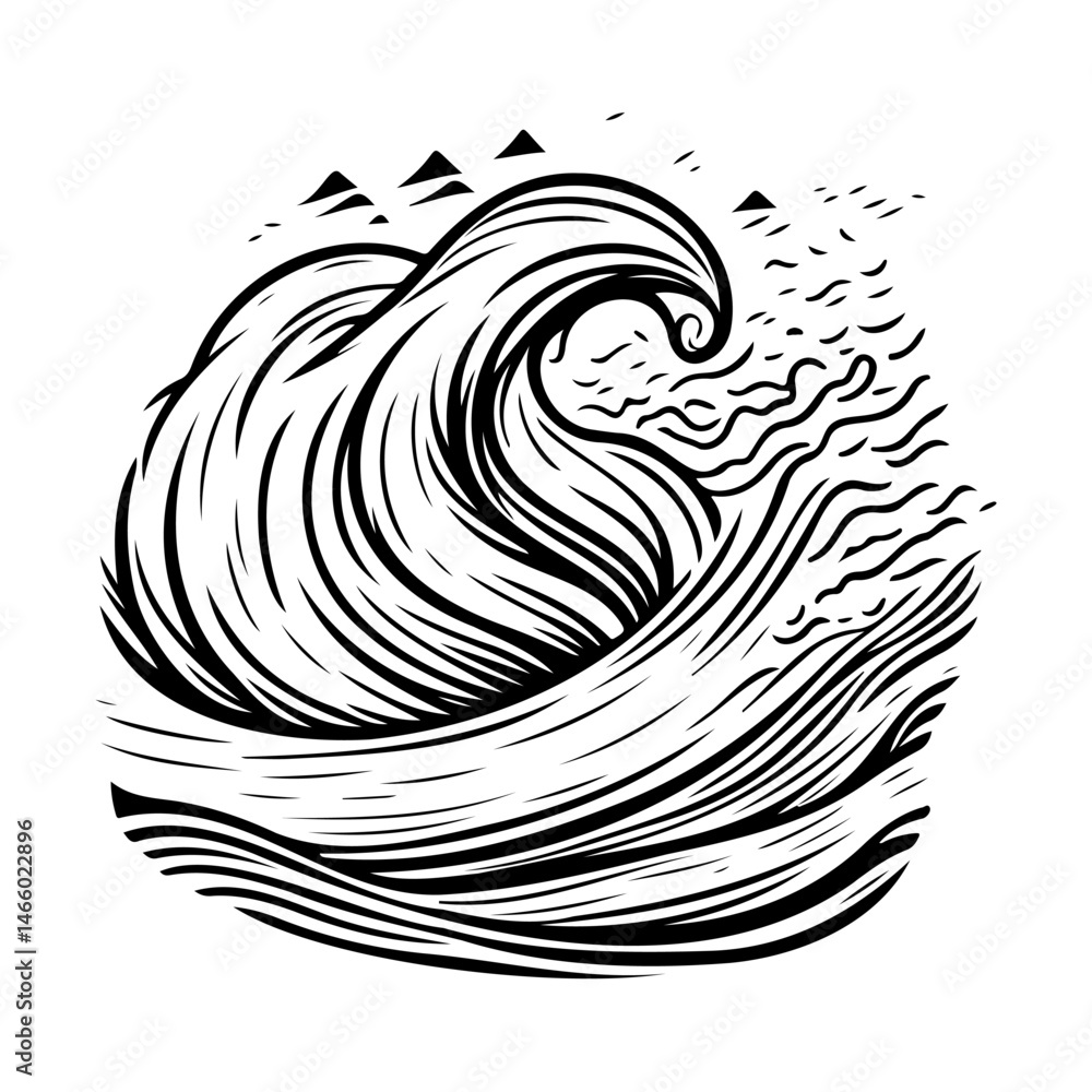 Poster monochrome linework drawing capturing the dynamic movement of a powerful wave