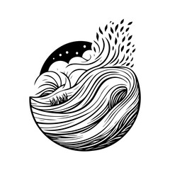 Stylized black and white depiction of dynamic nature within a circular frame