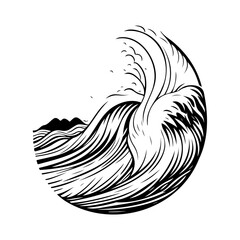 Naklejka premium Stylized monochrome illustration of a powerful wave inside a perfect circle
