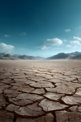 Cracked Desert Floor Under Blue Sky with Sparse Clouds and Distant Mountains