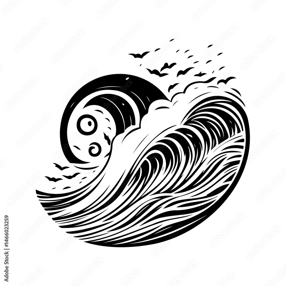 Poster monochrome depiction of a stylized tidal surge with avian forms above it