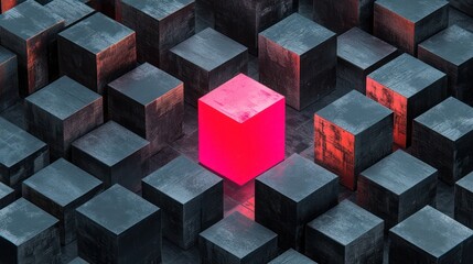 A vibrant, luminous pink cube stands out amidst a field of dark gray cubes.  The textured surfaces and subtle lighting create depth and dimension