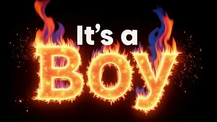 It's a boy gender reveal announcement with fire effect and congratulations for baby boy reveal party
