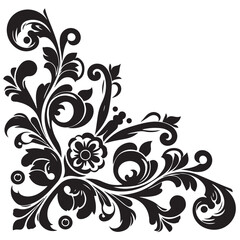 Elegant Black Floral Corner Ornament Vector Design with Vintage Swirl Patterns – Decorative Botanical Frame Element for Invitations, Tattoos, and Graphic Projects.