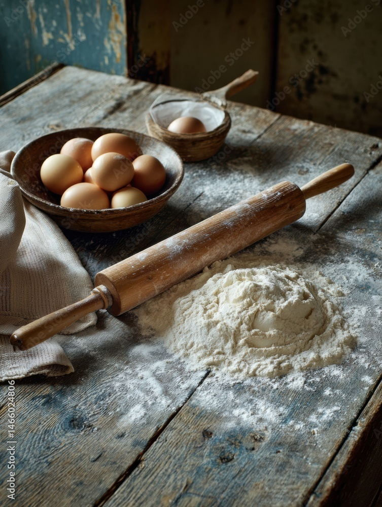 Leinwandbilder rolling pin, flour, and eggs create a cozy baking atmosphere on a rustic wooden countertop in a warm