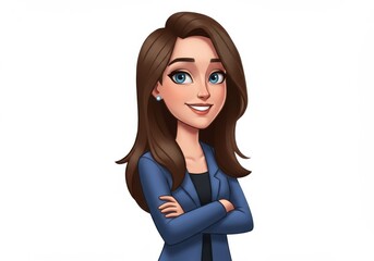 Cartoon woman with brown hair and blue blazer arms crossed smiling isolated on white background