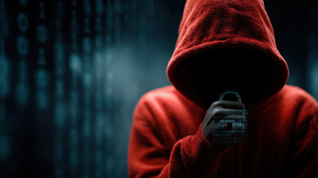 Mysterious Figure in Red Hoodie Holds Digital Lock Against Binary Code Background