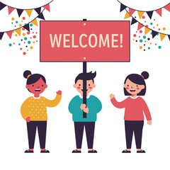 Welcome Banner with Happy Kids – Festive Greeting Illustration with Confetti and Bunting Flags