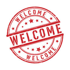 Red Grunge Vintage Welcome Rubber Stamp with Stars Round Badge Vector