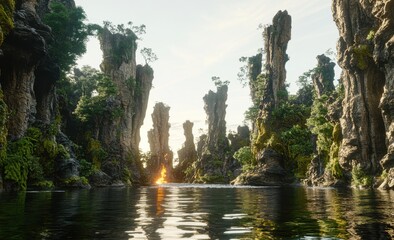 Sunlit rock formations, lush vegetation, serene water.  A narrow canyon carved by water,  tall, stone pillars,  forest foliage, calm river