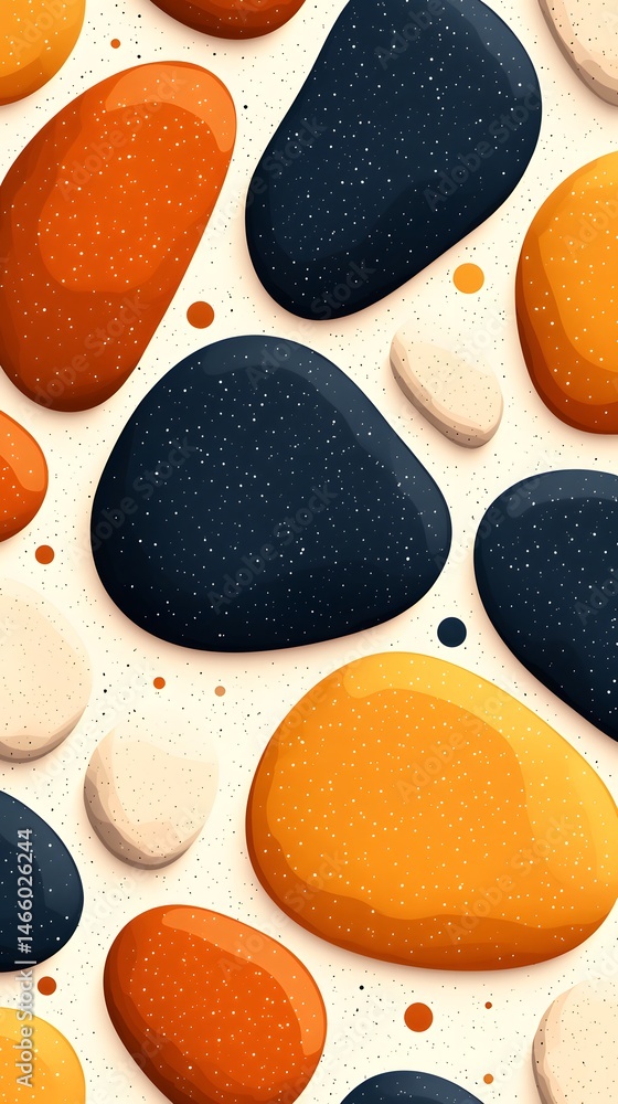 Poster abstract terrazzo pattern with orange and gray pebbles on beige background