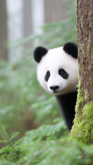 Fototapeta premium Panda forest tree misty green cute animal nature wildlife peaceful