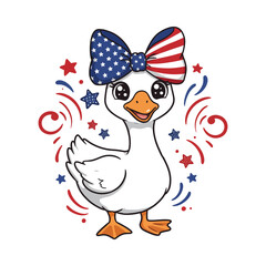 Cute Cartoon Duck with Patriotic USA Flag Bow and Red Blue Star Confetti Celebration Vector