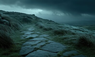 A pathway winds through a misty,  mountain landscape under a stormy sky.  Rocky path through frosted grasses.  Dramatic, moody scene
