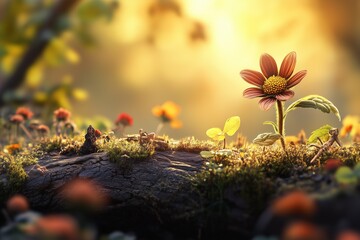 Beautiful Flower Growing in Mossy Forest with Soft Lighting
