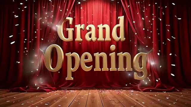 Grand opening event celebration with red curtains and golden text announcement invite promo