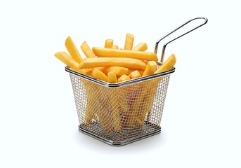 A metal basket filled with golden, crispy French fries against a plain background, showcasing their appetizing texture and perfect golden color.