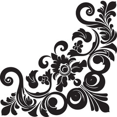 Elegant Black Floral Corner Ornament Vector Design with Vintage Swirl Patterns – Decorative Botanical Frame Element for Invitations, Tattoos, and Graphic Projects.