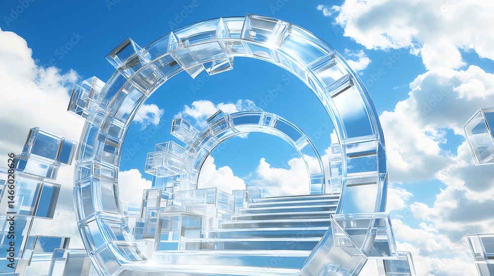 Fototapete 晴れた空の下の抽象的な幾何学的階段の構造 光沢のある表面と反射を持つ未来的なデザイン 青と白の背景に浮かぶ建築