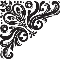 Elegant Black Floral Corner Ornament Vector Design with Vintage Swirl Patterns – Decorative Botanical Frame Element for Invitations, Tattoos, and Graphic Projects.